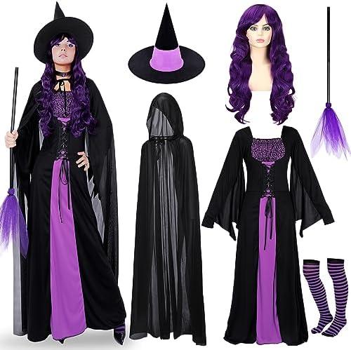 Hercicy 7 Pcs Adult Women Halloween Witch Costume Set Hood Cloak Dress Choker Broom Striped High Socks Wizard Hat Wig, XL