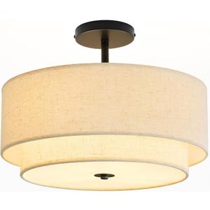 3 Light Double Drum Semi Flush Mount Ceiling Light, Close to Ceiling Light Fixture, 16 Inch with Fabric Linen Shade, Black Brass, for Living Room, Bedroom, Dining Room,Hallway and Entryway