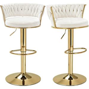 VECELO Bar Stools Set of 2, Adjustable Barstools Counter Height Stools with Back and Arm, Velvet Woven Kitchen Island Stools w/Gold Metal Leg & Base, 360° Swivel Bar Chair for Pubs Dining Room, White