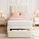 GarveeHome Twin Bed Frame with Under-Bed Drawer, Upholstered Platform Bed with Wave Headboard for Kids/Girls, Wooden Slats Support, No Box Spring Needed, Boucle Beige