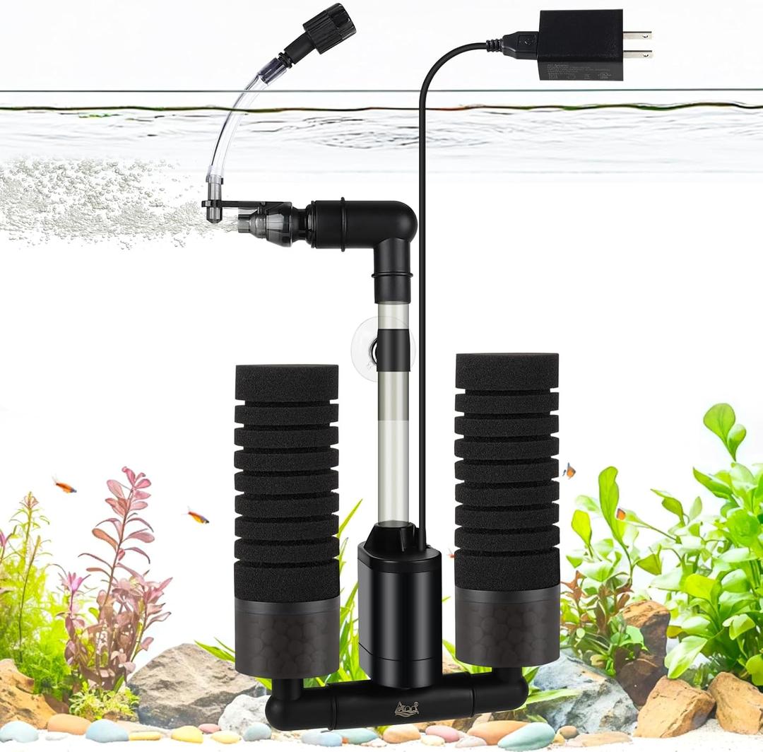 AQQA Electric Sponge Filter for Aquarium  Quiet USB Powered Breeding & Shrimp Filter with Bio Ceramic Media, Adjustable Air Intake & 360 Rotatable Outflow (110V Adapter Included) (S)