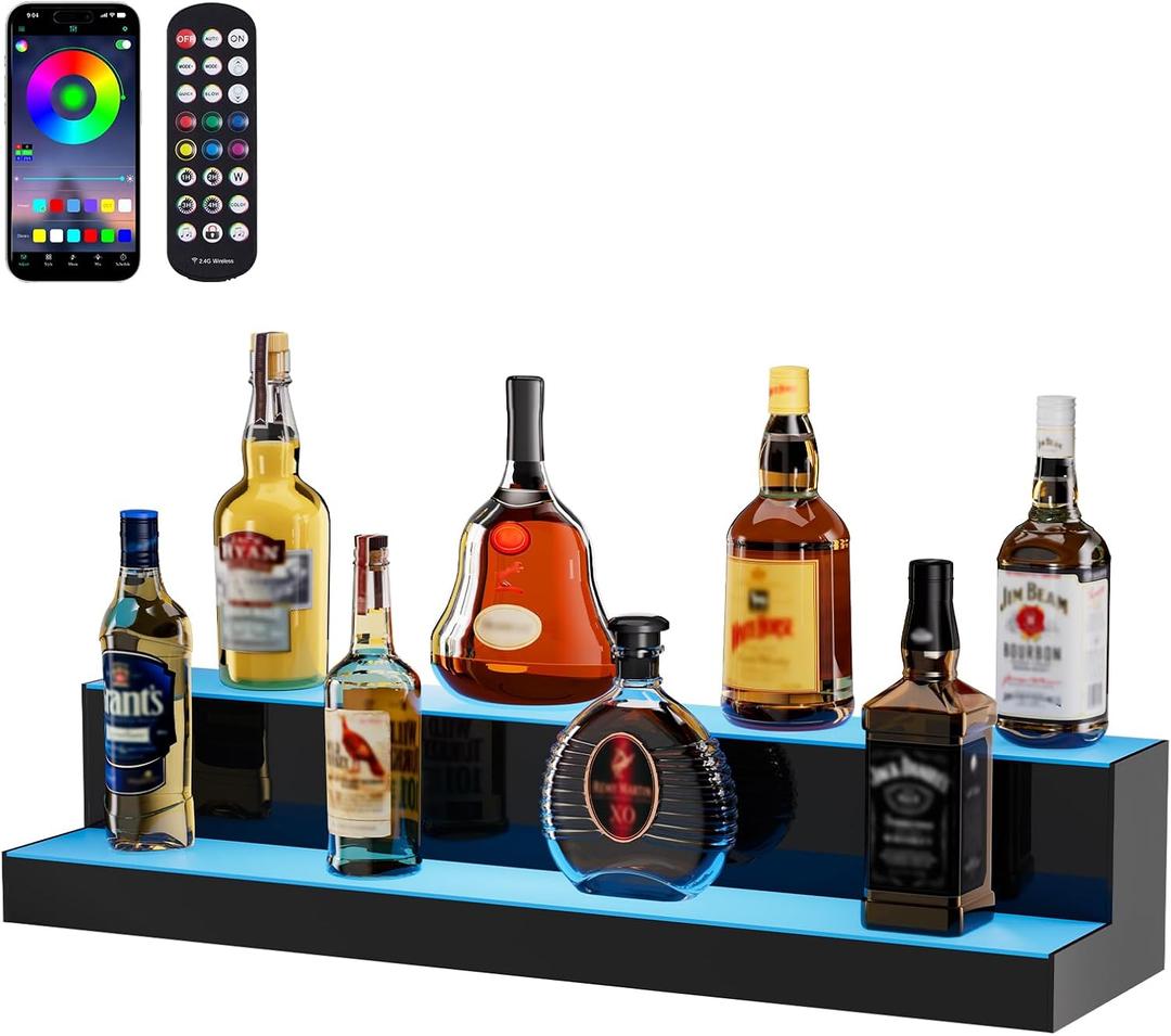 VEVOR LED Lighted Liquor Bottle Display, 2 Tiers 30 Inches, Supports USB, Illuminated Home Bar Shelf with RF Remote & App Control 7 Static Colors 1-4 H Timing, Acrylic Lighted Shelf for 16 Bottles