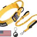 AUBELL Tactical Dog Collar and Leash Set, Reflective Adjustable Heavy Duty Military K9 Collars with Handle and Metal Buckle for Large Dogs, with Airtag Case and 2 Patches(Yellow,L)