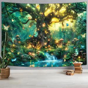 Fantasy Forest Nature Wall Hanging, Magical Enchanted Jungle Tree Waterfall Mushroom Butterfly Tapestry, Trippy Plant Botanical Aesthetic for Bedroom Living Room, 90x70 Green