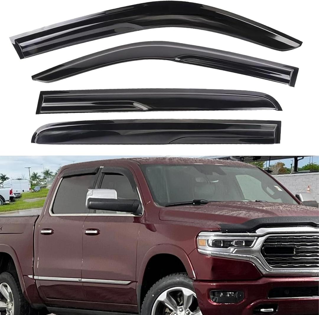 Tape-On Window Rain Guards for Ram 1500 Crew Cab 2019-2025, 4PCS Smoke Vent Visors, UV Resistant & Reduce Wind Noise