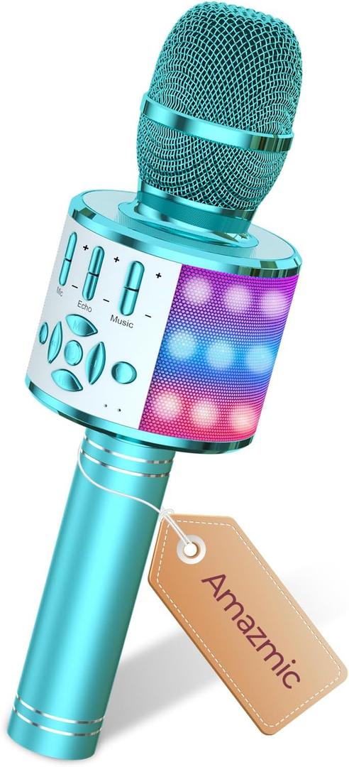 Amazmic Kids Karaoke Microphone Machine Toys for Girls Bluetooth Microphone with LED Light, Christmas Birthday Gift for Girls Boys 3 4 5 6 7 8 9 10 11 12 Year Old Kids Toys (Blue)