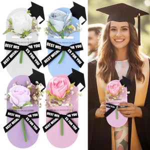 20 Sets Graduation Single Rose with Flower Cards Class of 2026 Artificial Flower Fake Rose Wrapping Floral Bouquet Graduation Gift for High School College School Grad Celebration Party
