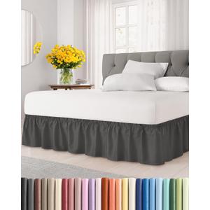 Wrap Around Dust Ruffle Bed Skirt - Charcoal - for King Size Beds w/ 12 Inch Drop - Easy Fit Elastic Strap - Adjustable Pleated Bedskirt w/Brushed Fabric - Wrinkle Free - for Women, Men, Kids & Teens