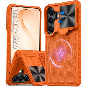 Magnetic for Samsung Galaxy S26 Case,[Slide Camera Cover][Kickstand][Compatible with Magsafe][Kickstand][Military Grade Protection] Shockproof Rugged Case for Galaxy S26, Orange