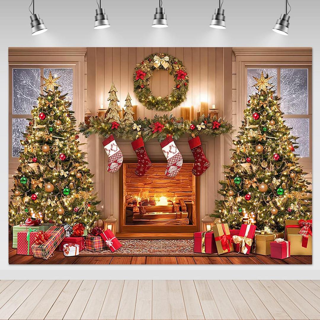 Mocsicka Christmas Fireplace Backdrop Winter Xmas Eve Cozy Family Party Photography Decorations Background Christmas Tree Gifts Red Socks Garland Christmas Fireplace Photo Prop Supplies (10x8ft)