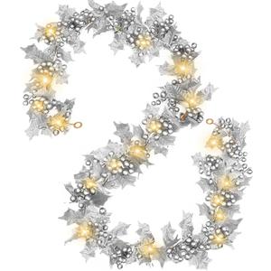 [Timer & Lighted] 6 Ft Prelit Christmas Garland with Lights Silver Berry Garland Holly Leaves Artificial Xmas Garland Christmas Decorations for Home Winter Holiday Door Table Mantle Fireplace Stairs