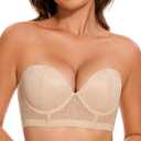 Longline Strapless Push Up Bras for Women Ultra Padded Uplift Multiway Lace Corset Bra with Underwire Support (32D, Nude)