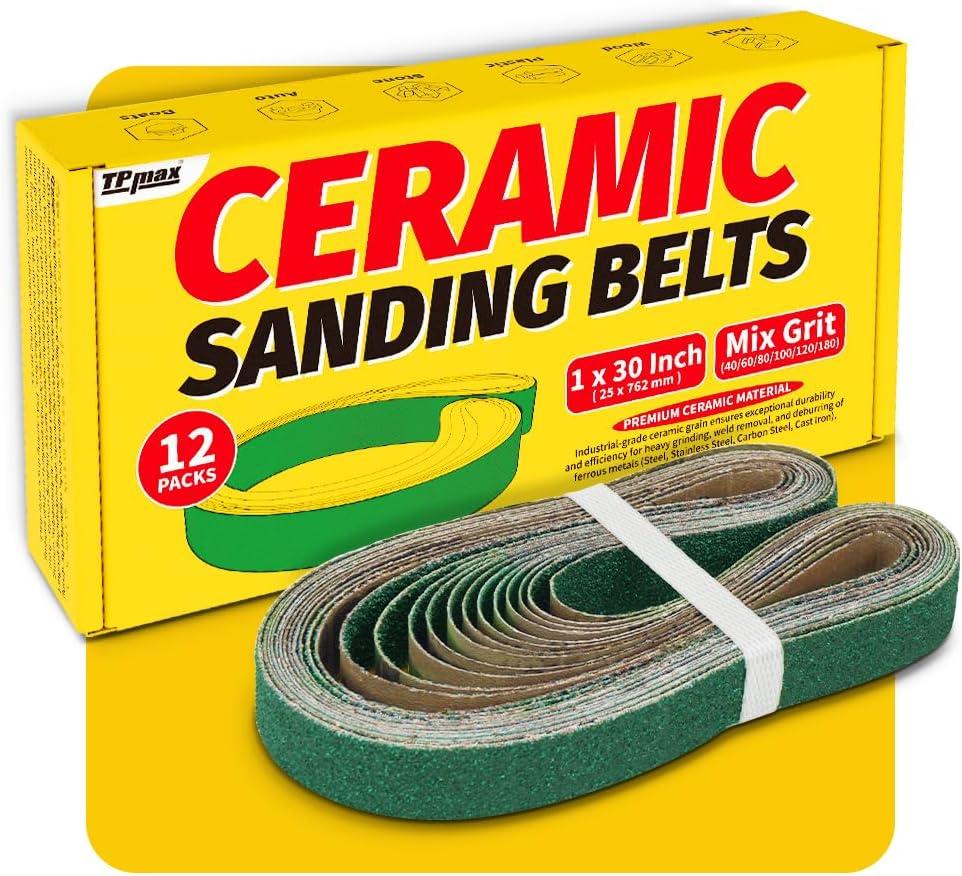 12 Pack 1 x 30 Inch Zirconia Ceramic Sanding Belts Kit  40, 60, 80, 100, 120, 180 Grits Premium Metal Grinding Belts for Knife Sharpening, Stock Removal, and Bevel Work