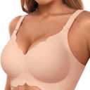 Bras for Women No Underwire Wireless Bras with Support & Lift Seamless Scalloped Full Coverage Tshirt Bra (Beige, XL)
