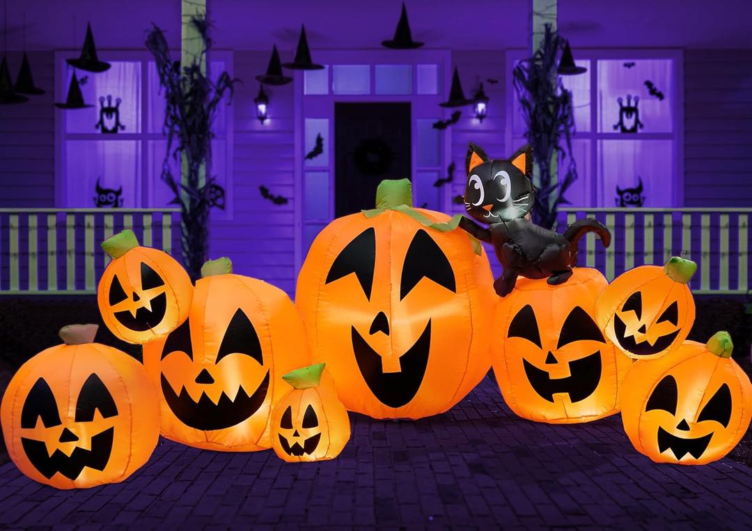Joiedomi 10 FT Long Halloween Inflatables Outdoor Decorations, Blow Ups Inflatable Pumpkin for Yard with Witch's Cat, 8 Pcs Blow Up Pumpkin Decor for Halloween Decorations Outside