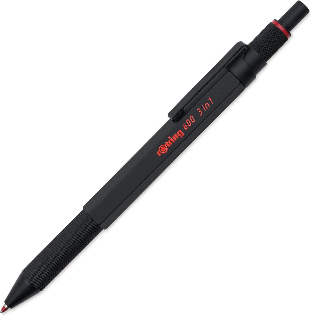 rOtring 600 3-in-1 Multicolor Pen and Mechanical Pencil, Switches Between 2 Ballpoint Pen Fine Point Tips (Black and Red Ink) and 1 Mechanical Pencil Tip (0.5mm Lead), Black Barrel