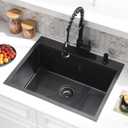 25 Inch Black Drop In Kitchen Sink with Faucet Combo - 25x22 Black Stainless Steel Drop In Sink and Faucet Combo, Single Bowl Kitchen Sink Drop In with Soap Dispenser & Accessories