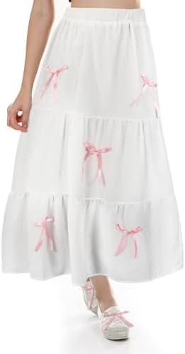 Pink Coquette Bow Skirt Dress Women's Summer Swing Pink Bow Tiered Midi Skirt Fashion Trendy Elastic Waist Pleated Flowy Long Beach Dress, Size Unknown