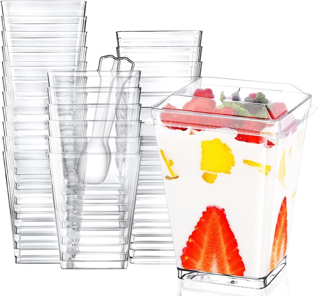 Eupako 50 Pack 5 oz Square Clear Plastic Dessert Cups with Lids and Spoons, Small Clear Plastic Tumbler Cups Set, Great for Desserts, Appetizers, Puddings, Mousse and More