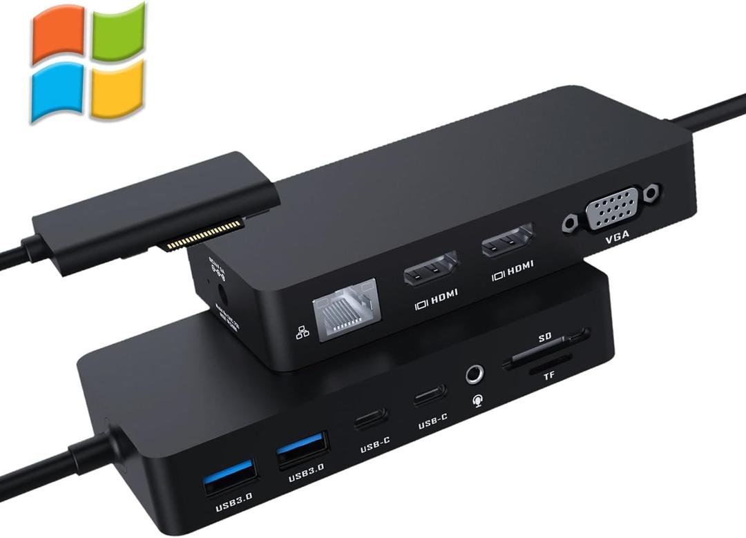 Surface Docking Station - 2025 Microsoft Dock for Surface Pro 11/10/9/8/X/7/6/5/4/3, Surface Laptop 7/6/5/4/3/2/1, Sur face Book/Go Triple Displays(Dual HDMI+VGA) 12 in 1 Surface-pro Docking Station