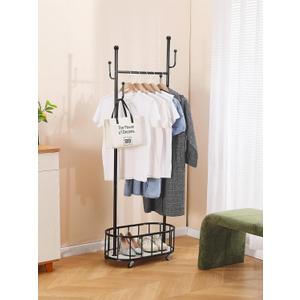 BOOSDEN Metal Clothing Rack with Wheels, Rolling Clothes Racks for Hanging Clothes, Standing Garment Rack with Storage Shelf and 4 Hooks, Clothes Hanger Racks for Bedroom, Closet, Living-room, Black