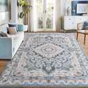 Foxmas 6x9 Area Rugs for Living Room, Machine Washable Vintage Rug, Non-Slip Low Pile Throw Rugs with Rubber Backing Washable Carpet for Bedroom Dining Room Kitchen Home Decor, Blue