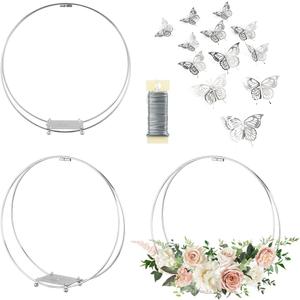 3 Pack 14 Inches Metal Double Floral Hoop Centerpieces with Stand and 38-Yard Paddle Wire Craft Centerpiece Table Decorations Wedding/Baptism/Party/Centerpiece DIY Metal Ring Table Dcor, Silver