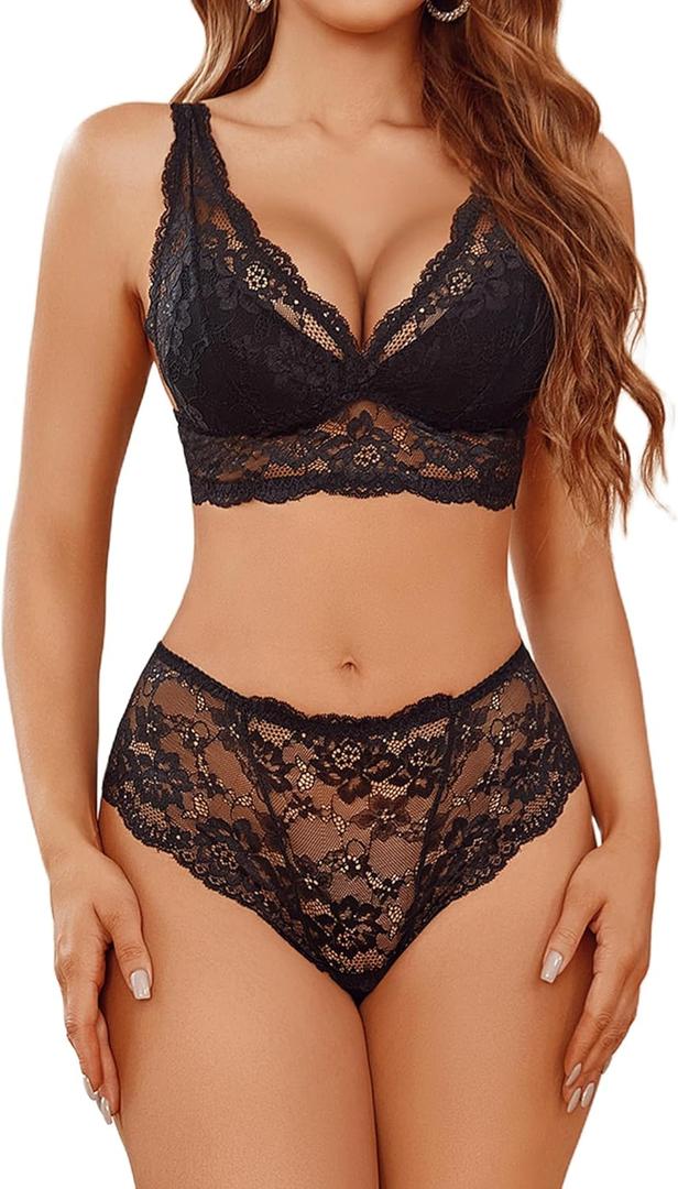 Avidlove Lingerie Set for Women Lace Bra and Panty Sets Sexy Underwear Bralettes Lingerie Outfits (Large, Black)