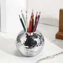 1 Pcs 4 Inch Disco Ball Pencil Pen Holder for Desk Decor Sequin Plastic Makeup Brush Organizer Disco Flower Vase Silver Table Centerpieces for Office Home Classroom Party