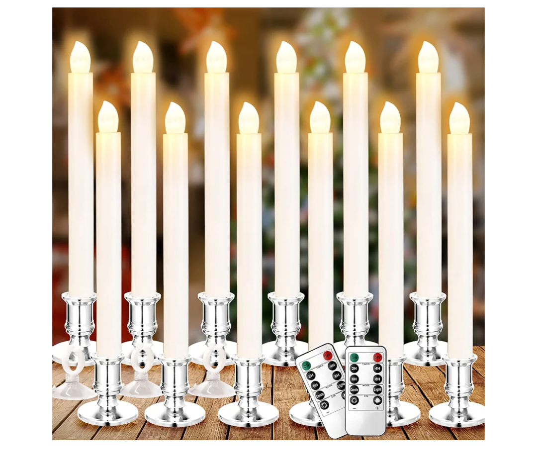 YAUNGEL Window Candles, 12 Pack LED Battery Operated Christmas Candles for Windows with Remote Electric Candle Lights with Removable Candle Holders Suction Cups for Christmas Decorations, Silver