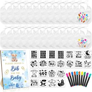 Newwiee 55 Pcs White Bibs for Baby Decorating Design a Bib Decorate Plain newborns Bibs Wooden Sign for Baby Shower Games Kit
