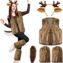 Jenaai Christmas Deer Costume Accessories for Women Deer Furry Plush Vest Tail Antler Headband for Xmas Winter Party Cosplay, Size L