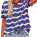 BTFBM Womens Summer Tops 2025 Crewneck Short Sleeve Striped T Shirts Casual Loose Lightweight Color Block Basic Tee (L)