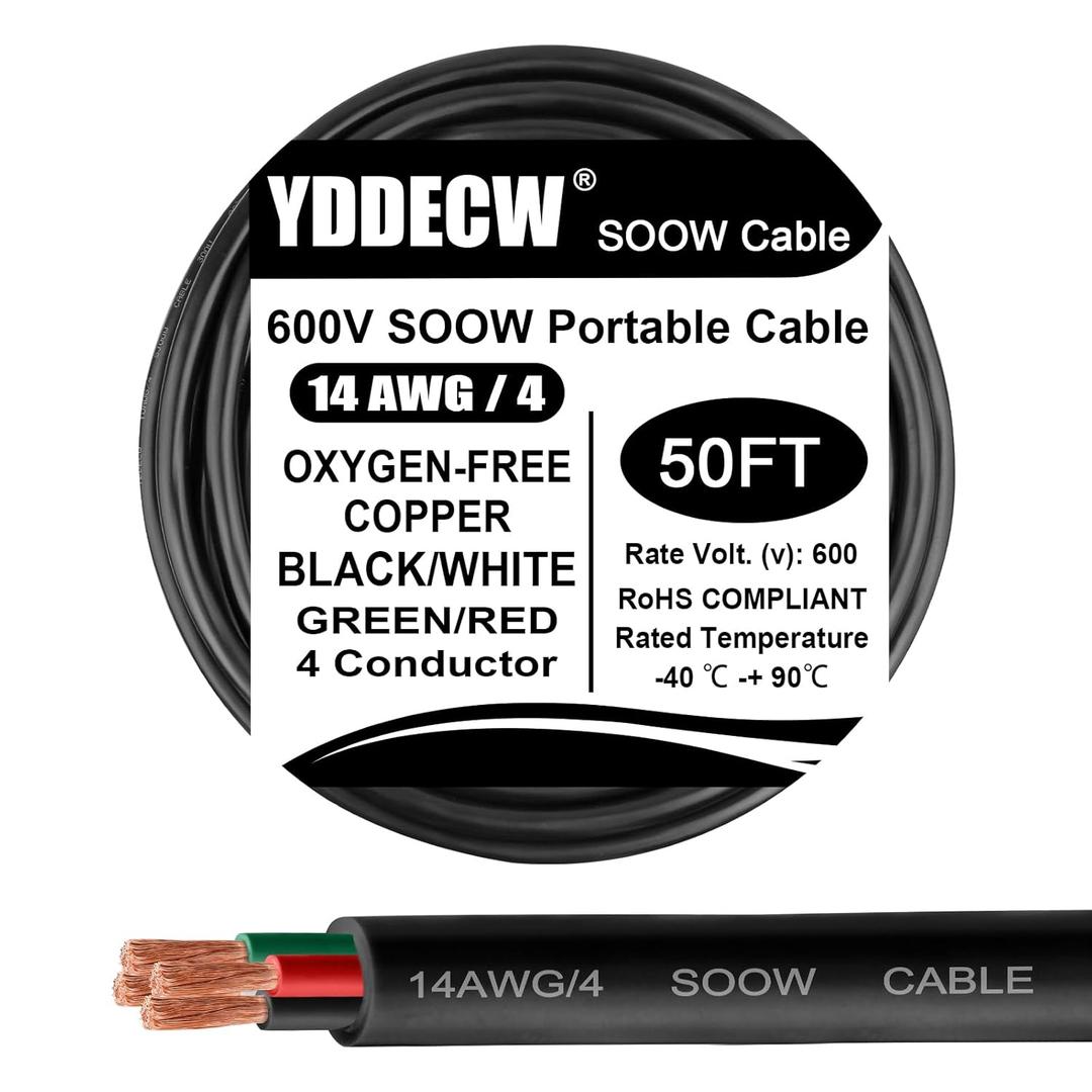 50ft 14/4 14 AWG Portable Power Cable (4 Conductor) - SOOW 600V 14 Gauge Electric Wire for Motor Leads, Portable Lights, Battery Chargers and Machinery - 4 Conductor - 50 Feet Electrical Cord