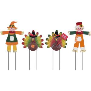 hogardeck Fall Decorations for Home Outdoor, 4 PCS Metal Turkey Scarecrow Decorative Garden Stakes with Sunflower for Fall Decor, Yard Signs for Garden Home Lawn Patio Thanksgiving Decorations