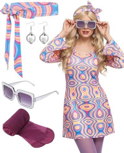 Janmercy 5 Pcs 70s Disco Outfit for Women Hippie Costumes Accessories 70s 80s Halloween Decades Party Cosplay XL