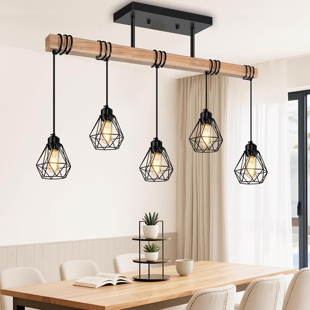 5-Lights Farmhouse Hanging Pendant Light, Dinng Room Light Fixtures for Kitchen Island Lighting Over Table, Black Rustic Wood Ceiling Pendant Lights with Metal Shade for Living Room, Foyer