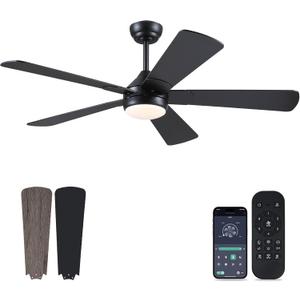 Asyko 52" Low Profile Ceiling Fan, Black Modern Ceiling Fans with Lights and Remote, 5 Dual-Sided Fan Blades and Reversible, Low Profile Ceiling Fan Light for Indoor and Outdoor Covered Patios