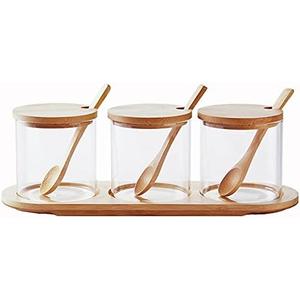 Condiment Containers with lids 3 pack Seasoning Box Condiment Pots Jars with Spoons Container for Spice Salt Sugar Cruet (bamboo 1set)