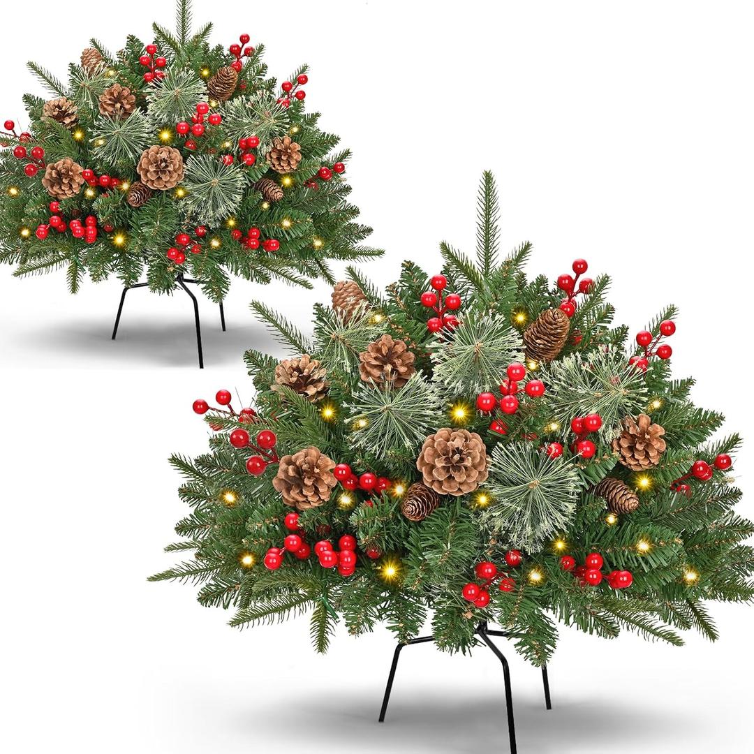 Waipfaru Outdoor Christmas Tree Urn Filler, Prelit Planter Bushes, 22 Inch Lighted Artificial Christmas Tree with Cones & Red Berries for Front Porch Pot Filler Planter Christmas Decorations, 2 Pack