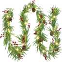 Lulu Home 9FT Pre-lit Christmas Garland, 30 LEDs Xmas Lighted Garland with Pinecones Red Berries, Battery Operated Garland with Timer for Fireplace Balcony Railing Fence Decoration