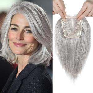 REECHO 10" Real Human Hair Topper for Women with Thinning Hair, Clip-in Crown Hairpiece for Instant Volume and Gray Root Coverage Real Hair Toppers Wiglett, Butterfly Base, Salt & Pepper