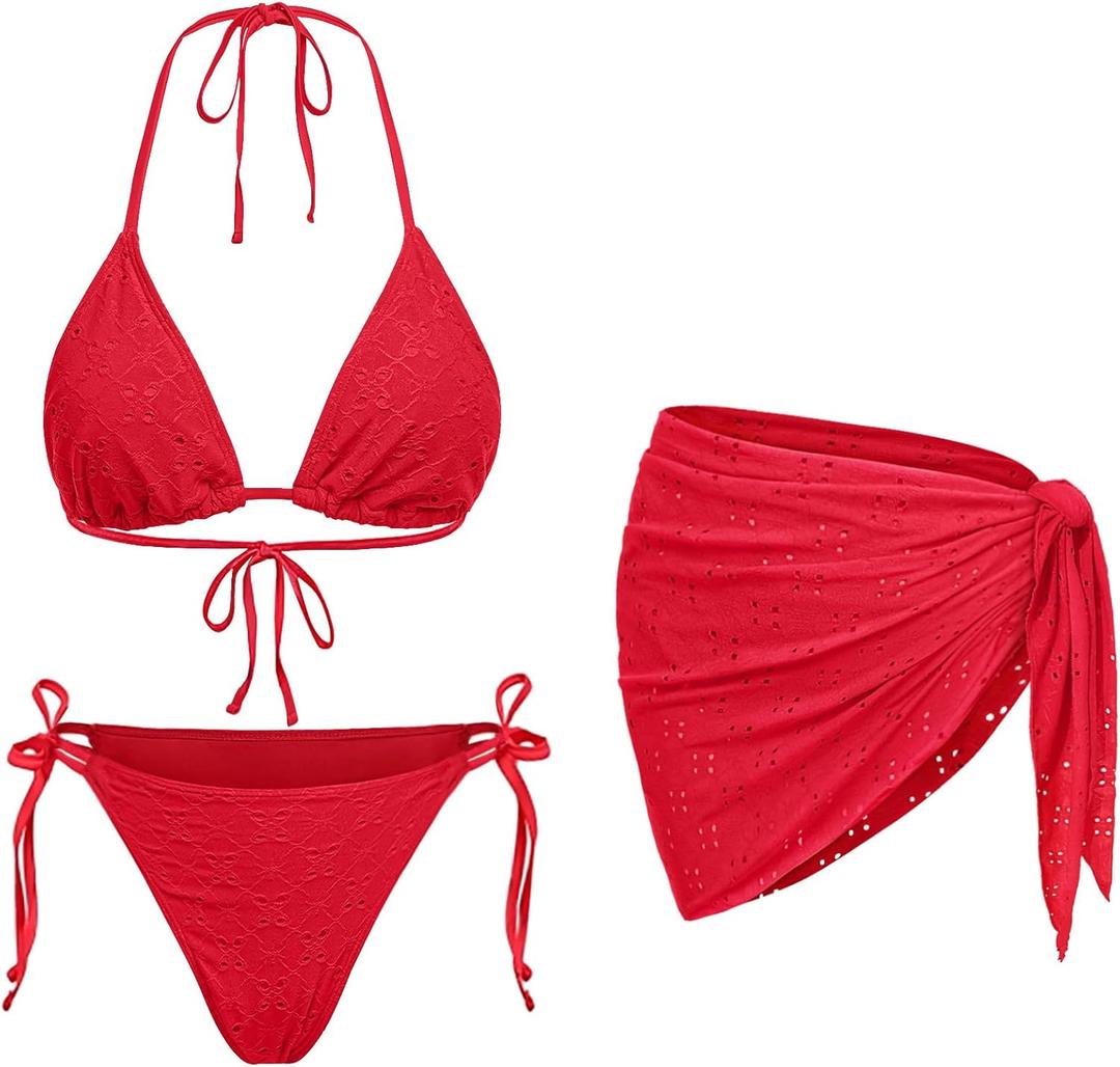 Women 3 Piece Swimsuits - Sexy Triangle Bikini Sets with Cover Up Halter String Tie Side Bathing Suits (Medium, Red)