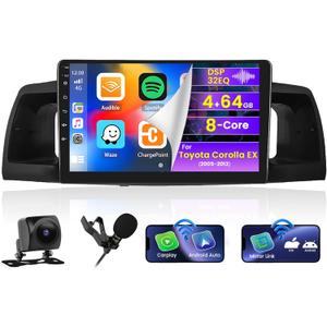 Roinvou 8 Cores 4+64G Android Radio Upgrade for Toyota Corolla EX 2005-2012, 9'' HD Touchscreen with Wireless CarPlay Android Auto GPS Navigation WiFi Backup Camera Mirror Link Bluetooth Mic RDS