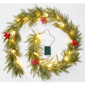 Brightown Christmas Garland with Lights, 6Ft 20 LED Lighted Pine Leaves Garland Decorated with Snowflakes, Berry, North Star, Battery Operated Indoor & Outdoor Christmas Lights for Mantle Stairs Wall (1 Pack)