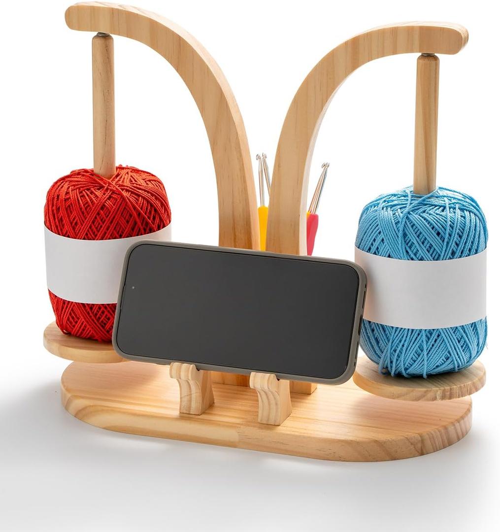 Wooden Yarn Holder for Crocheting and Knitting, Yarn Spinner with Dual Leg Phone Tablet Stand, Crochet Hook Storage Cylinder and Anti Slip Base (Natural)