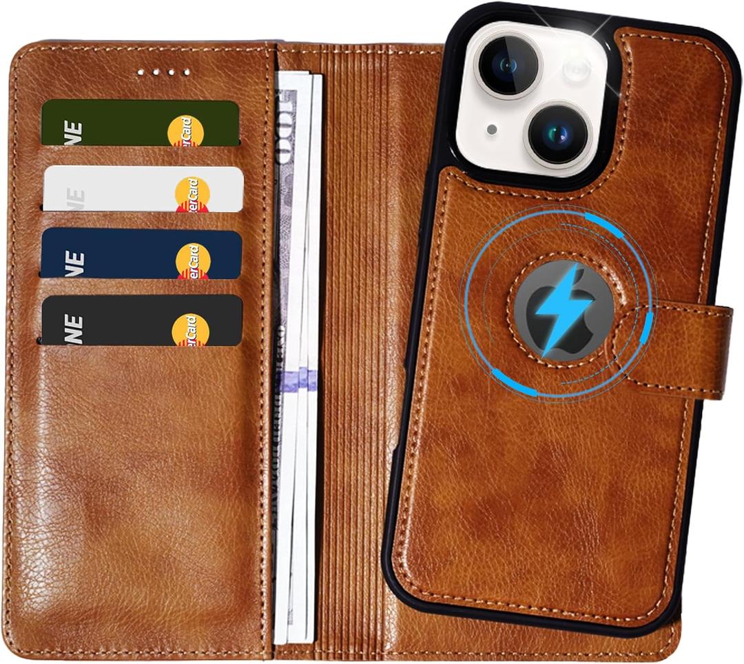 2 in 1 PU Leather for iPhone 14 13 Case, Detachable Wallet Case with Card Holder, Removable Flip Folio Cover with RFID Blocking, Stand Shockproof Phone CoverCompatible with MagSafe Brown