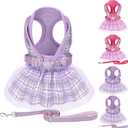 Dog Harness Dress, Plaid Dress with Leash Set, Summer Cute Pet Clothes,Girl Puppy Dresses for Girl Small Dogs, Chihuahua Harness (Purple Harness+Rope, Small)