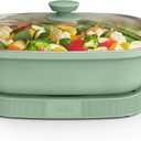 bella Make & Take Electric Skillet, Fits-anywhere kitchenware, EverGood Ceramic Coating, Adjustable Temperature & Dishwasher-Safe Tempered Glass Lid, Cast Aluminum Base, 1200 Watt, Seaglass