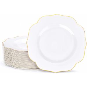 bUCLA 48Pieces Gold Plastic Dessert Plates Disposable - 7.5inch Premium Hard White with Gold Rim Plastic Salad/Appetizer/Small Cake Plate for Thanksgiving&Party (48PCS)